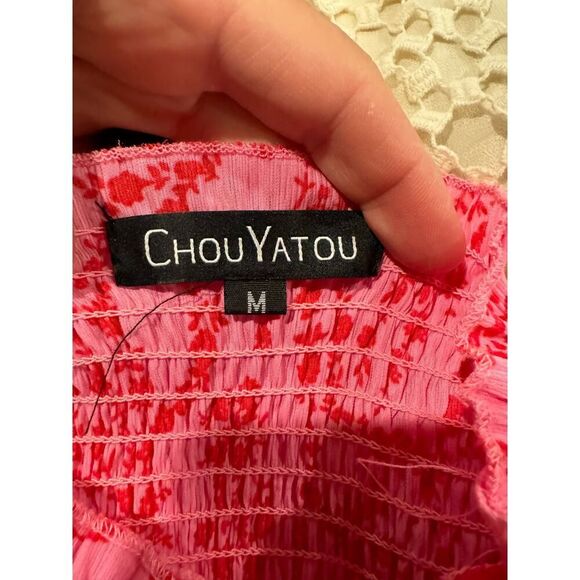 Chouyatou Women's Size Medium Ruched Tie Strap Tiered Mini Summer Dress Pink - Picture 3 of 3